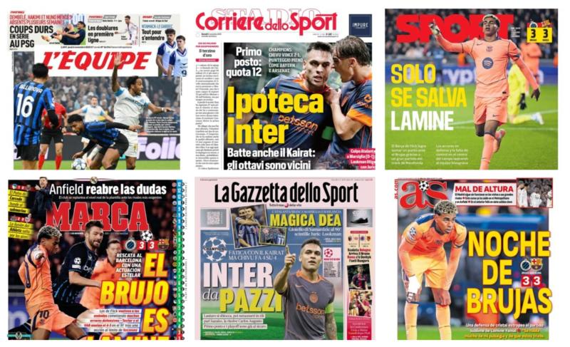 فيفا العرب |أبرز عناوين أغلفة الصحف الرياضية العالمية: “ليلة السحر”: كلوب بروج 3-3 برشلونة”