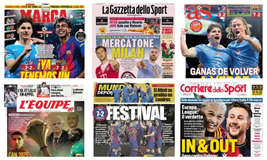 فيفا العرب |أبرز عناوين أغلفة الصحف العالمية: “برشلونة وأتلتيكو مدريد يلحقان بريال مدريد إلى الدور القادم على حساب الإنجليز”