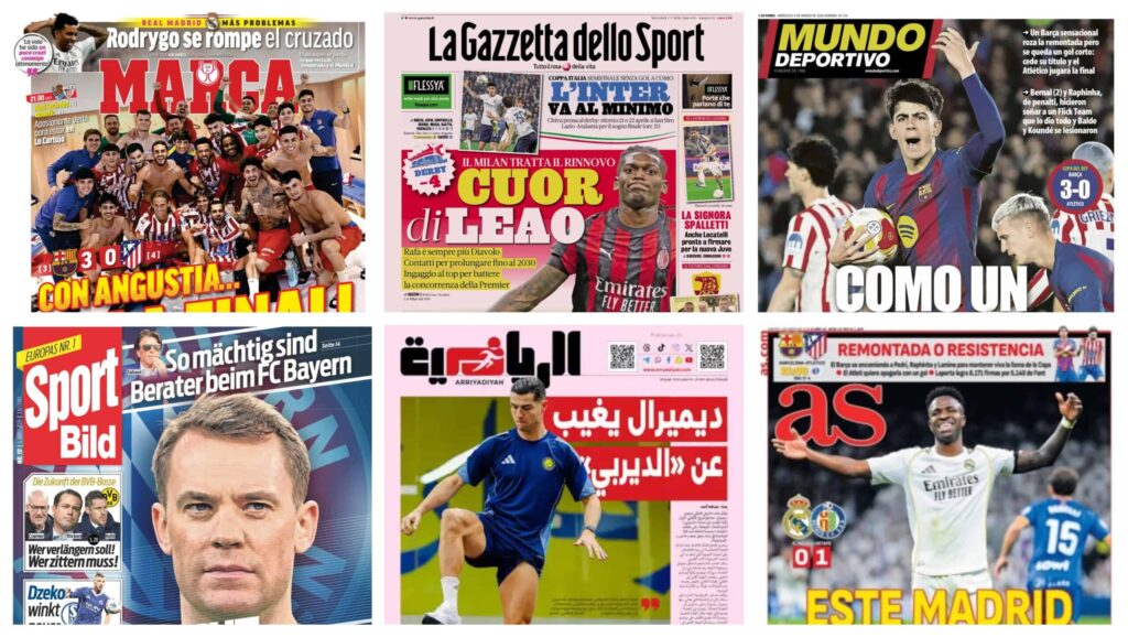 فيفا العرب |أبرز عناوين أغلفة الصحف العالمية: “أتلتيكو يعبر لنهائي الكأس من بوابة “كامب نو” الحزينة”