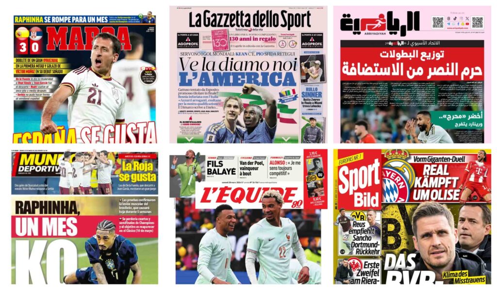 فيفا العرب |أبرز عناوين أغلفة الصحف العالمية: “زلزال الإصابات يضرب برشلونة ومانشستر يونايتد يخطط لصفقة مدوية في ميركاتو الصيف”