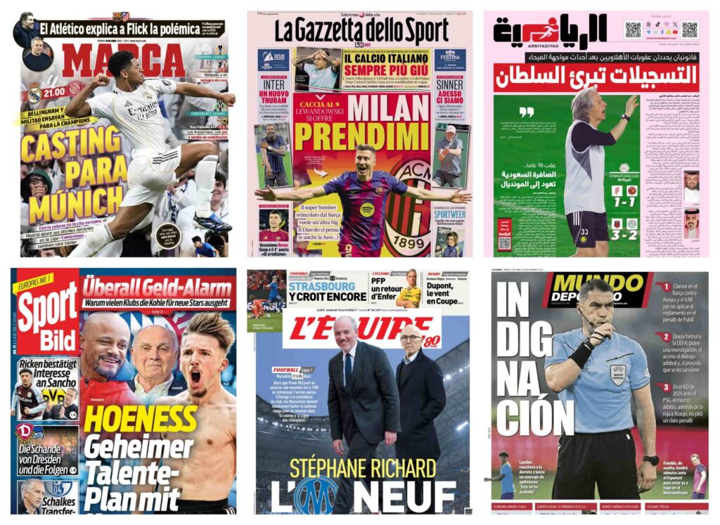 أبرز عناوين أغلفة الصحف العالمية: “صراع المربع الذهبي يشتعل في إيطاليا، وترقب لمباريات الإياب في دوري الأبطال”