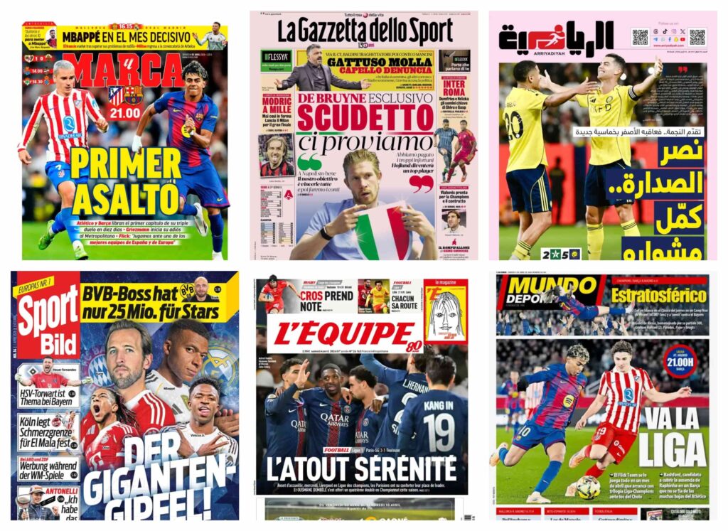 أبرز عناوين أغلفة الصحف الرياضية العالمية: “كلاسيكو مصغر في “متروبوليتانو” ومهمة ملكية في مايوركا”