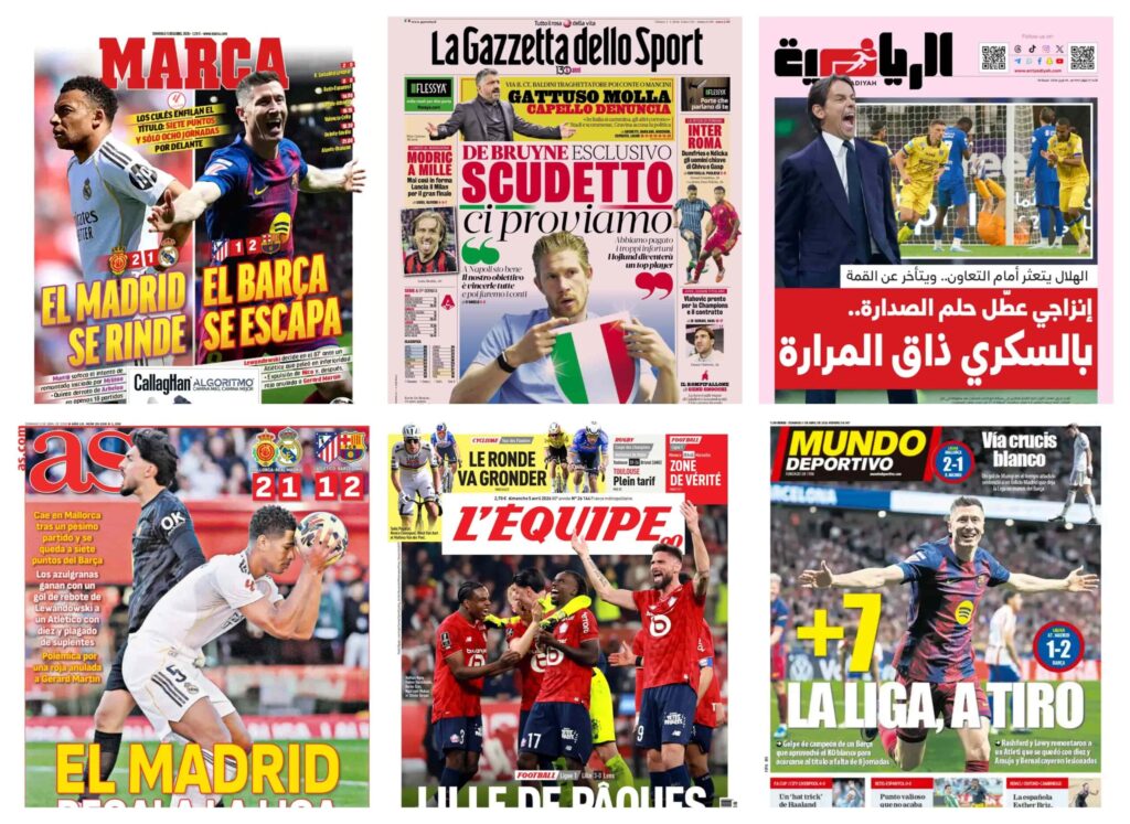 أبرز عناوين أغلفة الصحف الرياضية العالمية: “سقوط مدوٍ للكبار في إنجلترا.. وبرشلونة يقترب من معانقة المجد”